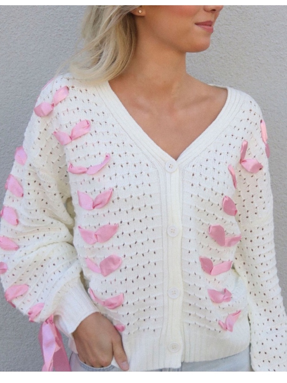 Cream Knit Cardigan with Pink Ribbon Accents